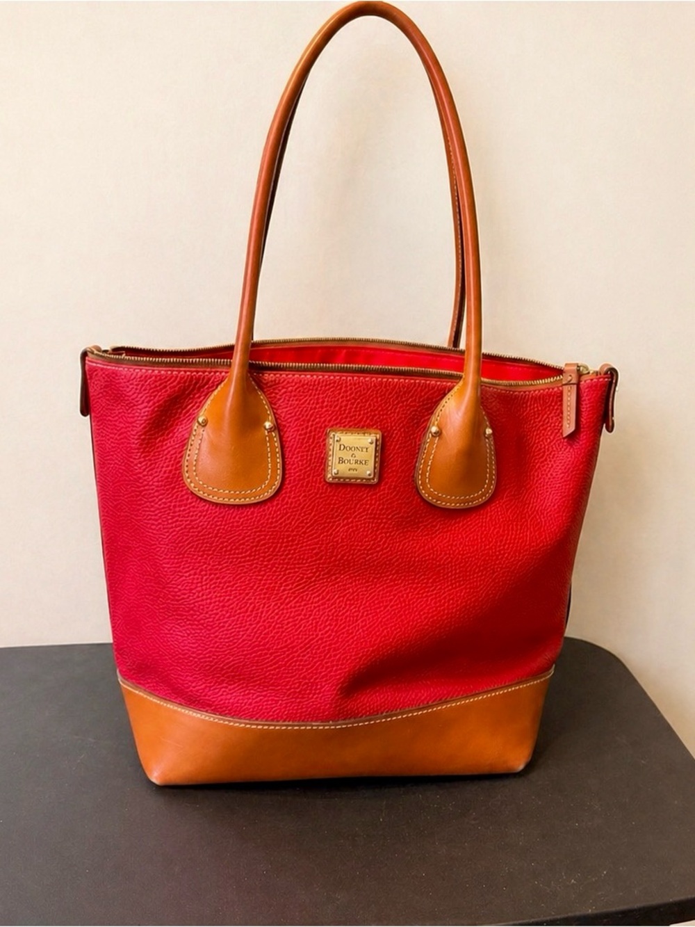 Dooney & Bourke Red Pebble Leather Tote Shoulder Bag Tan Trim Large